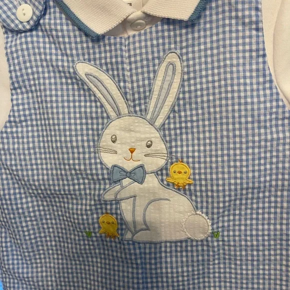 Petit Ami bunny gingham romper with adorable bunny and chicks design on front. - Picture 2 of 5